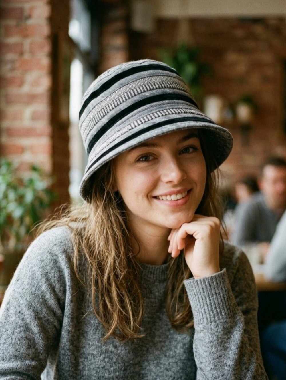 Cappelli Straworld Wool Blend Bohemian Patchwork Striped Bucket Hat Cloche Grey